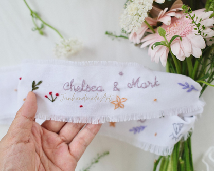 Personalized Embroidered Wedding Ribbon – Custom Linen Tie for Bouquet or Hair, Hand-stitched with Names & Date, Bridal Keepsake Gift