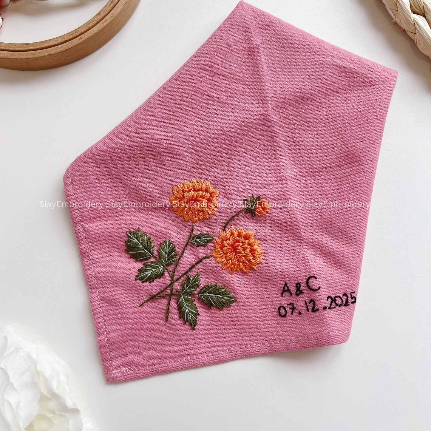 Dahlia Whispers Wedding Handkerchief, Custom Embroidered Handkerchief