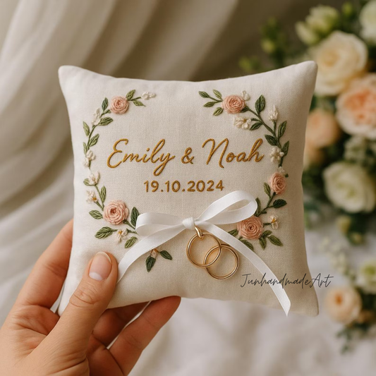 Personalized Embroidered Ring Bearer Pillow, Custom Linen Wedding Cushion, Hand Embroidery Ring Holder, Floral Ring Pillow, Wedding Gift
