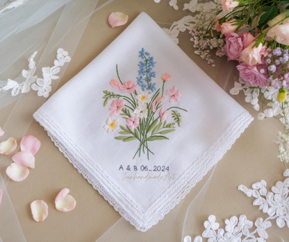 Embroidered Wedding Handkerchief – Custom Floral Hankie for Bride, Bridal Gift, Personalized with Name & Date, Gift for Bride