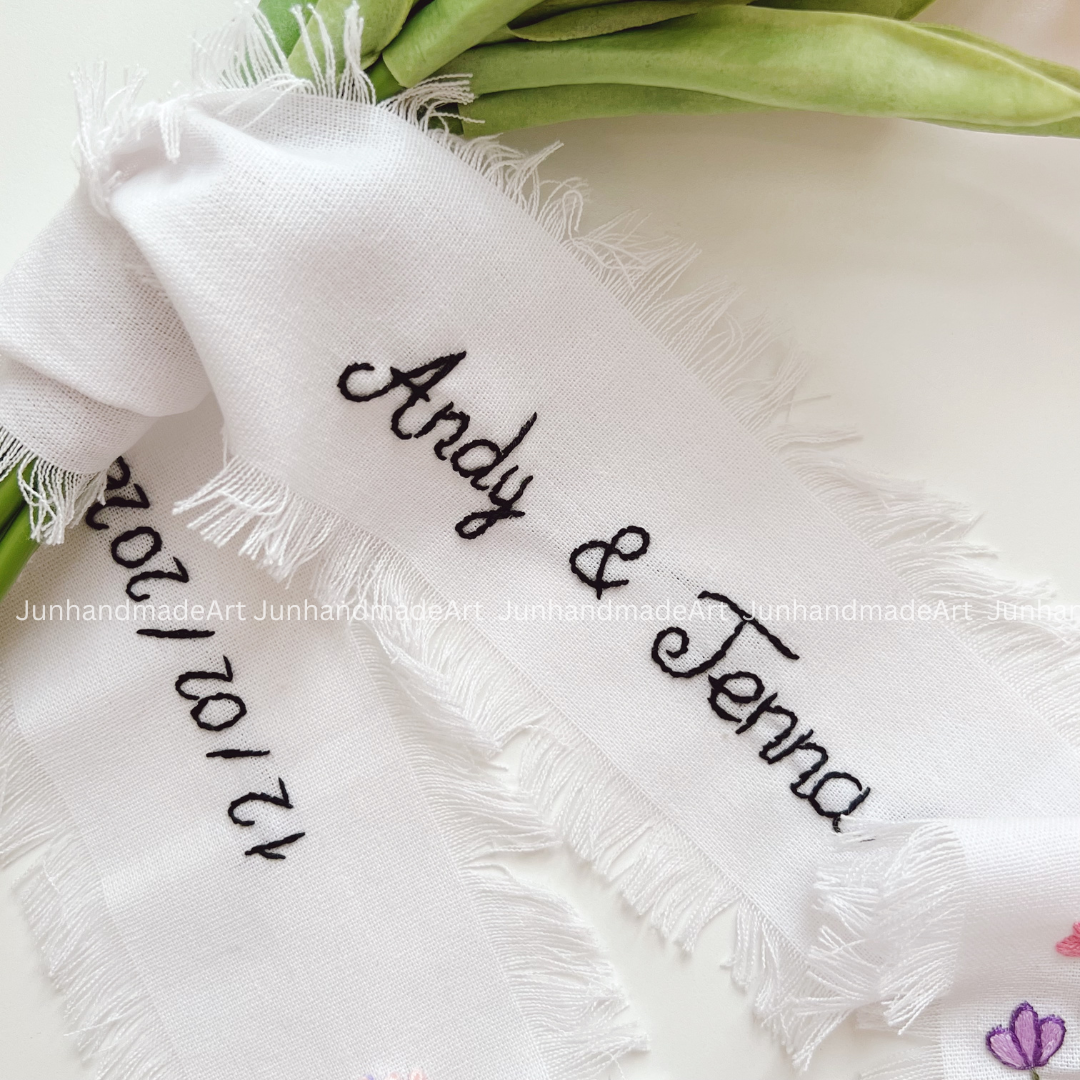 Beautiful Garden Embroidered Wedding Ribbon – Custom Linen Tie for Bouquet or Hair, Hand-stitched with Names & Date, Bridal Keepsake Gift