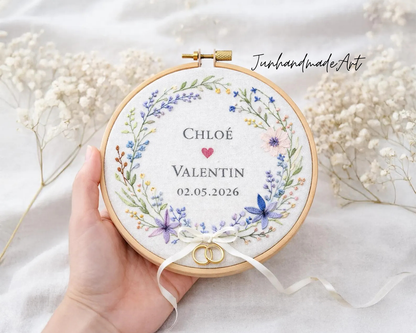 Custom Wedding Embroidery Hoop with Flowers and Names – Personalized Hand Embroidered Wildflowers Gift for Couple, Anniversary