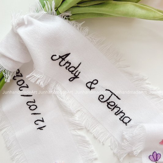 Beautiful Garden Embroidered Wedding Ribbon – Custom Linen Tie for Bouquet or Hair, Hand-stitched with Names & Date, Bridal Keepsake Gift