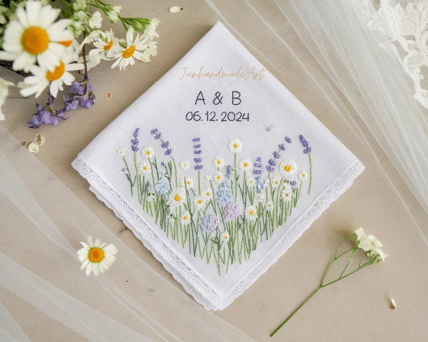 Embroidered Wedding Handkerchief – Custom Floral Hankie for Bride, Bridal Gift, Personalized with Name & Date, Gift for Bride