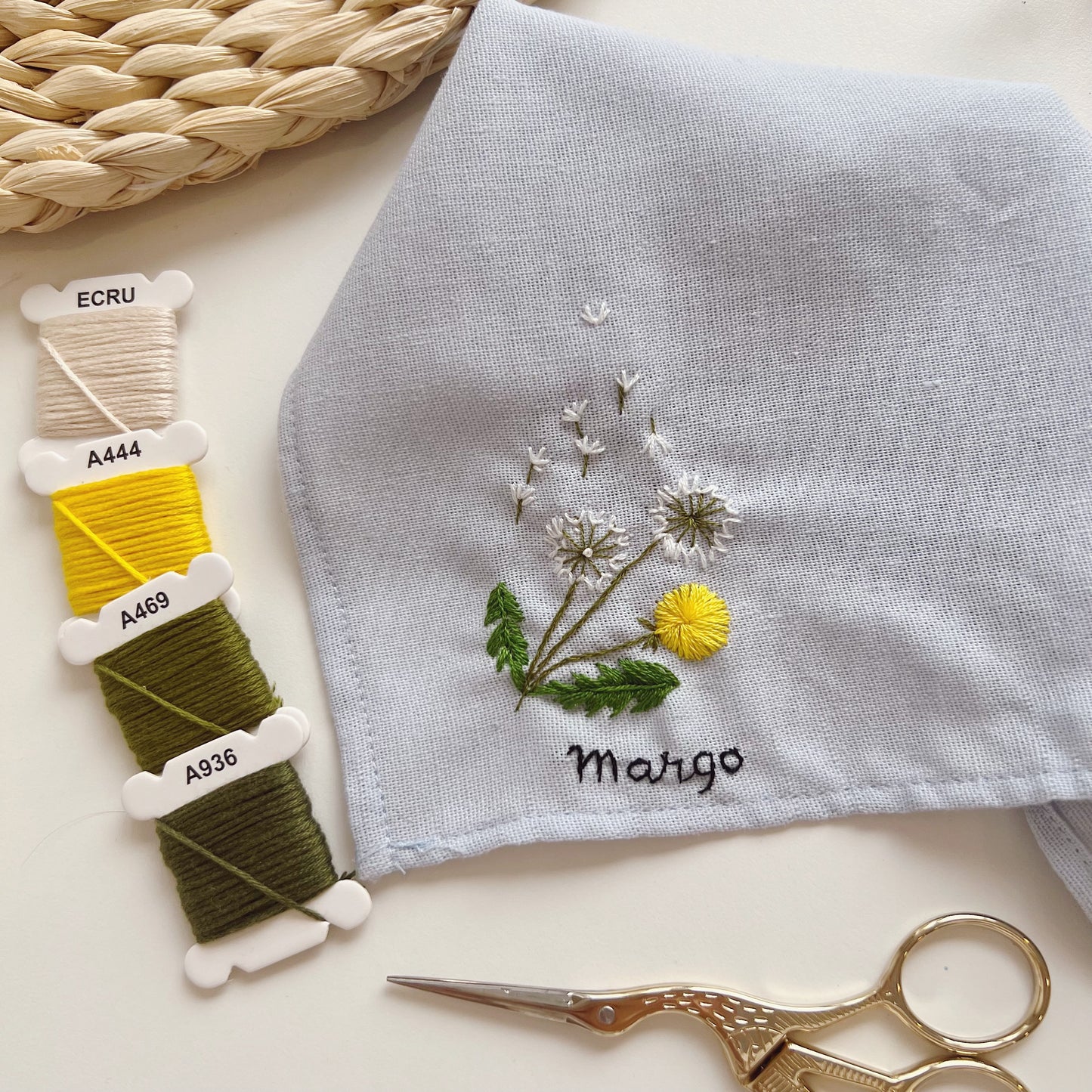 Dandelion Flowers Wedding Handkerchief, Custom Embroidered Handkerchief