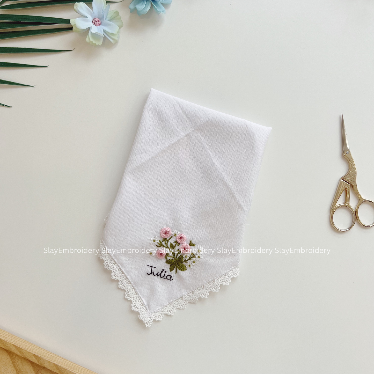 Whispering Roses Wedding Handkerchief, Custom Embroidered Handkerchief, Linen Handkerchiefs