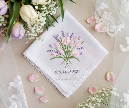 Embroidered Wedding Handkerchief – Custom Floral Hankie for Bride, Bridal Gift, Personalized with Name & Date, Gift for Bride