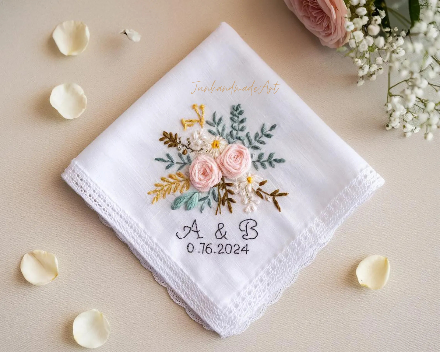 Embroidered Wedding Handkerchief – Custom Floral Hankie for Bride, Bridal Gift, Personalized with Name & Date, Gift for Bride