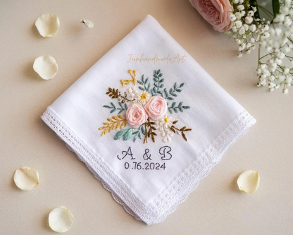 Embroidered Wedding Handkerchief – Custom Floral Hankie for Bride, Bridal Gift, Personalized with Name & Date, Gift for Bride