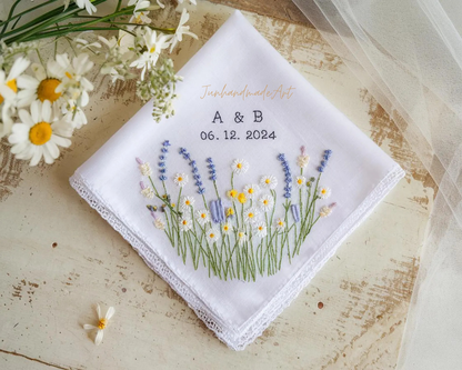 Embroidered Wedding Handkerchief – Custom Floral Hankie for Bride, Bridal Gift, Personalized with Name & Date, Gift for Bride