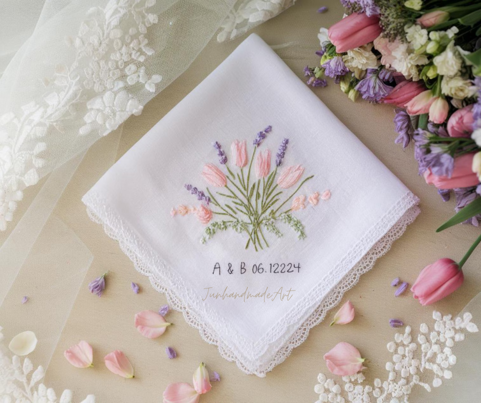 Embroidered Wedding Handkerchief – Custom Floral Hankie for Bride, Bridal Gift, Personalized with Name & Date, Gift for Bride