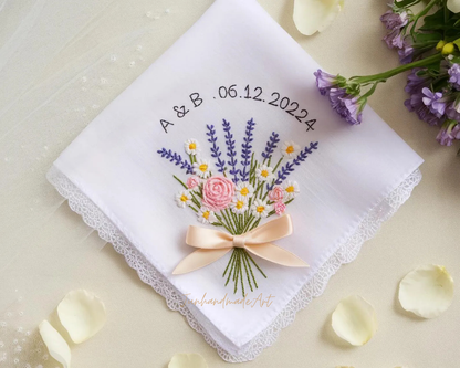 Embroidered Wedding Handkerchief – Custom Floral Hankie for Bride, Bridal Gift, Personalized with Name & Date, Gift for Bride