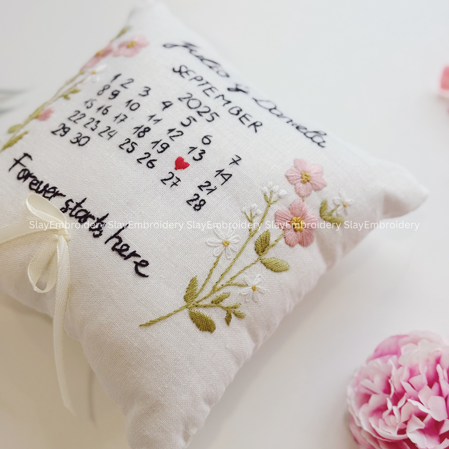 Custom Rosy Blooming Bearer Pillow Linen Wedding Cushion Hand Embroidery Ring Holder Floral Ring Pillow Wedding Gift