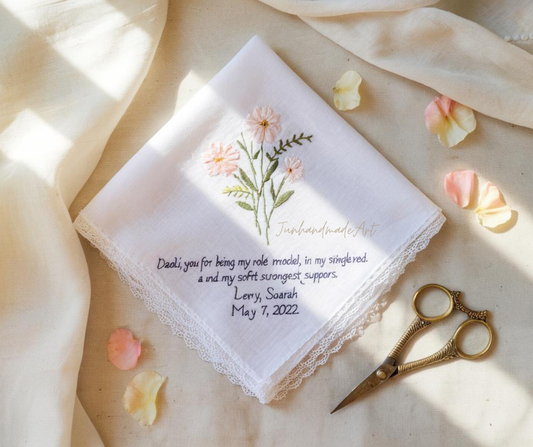 Personalized Wedding Handkerchief for Bride – Custom Embroidered Linen Hankie with Name, Date, or Quote – Bride Gift, Handmade Wedding Gift