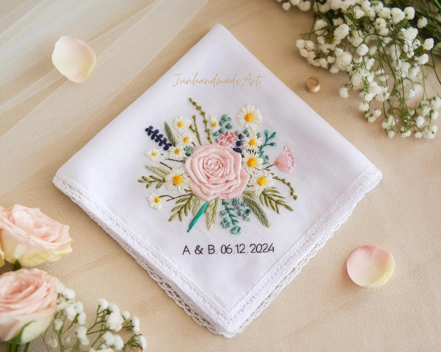 Embroidered Wedding Handkerchief – Custom Floral Hankie for Bride, Bridal Gift, Personalized with Name & Date, Gift for Bride