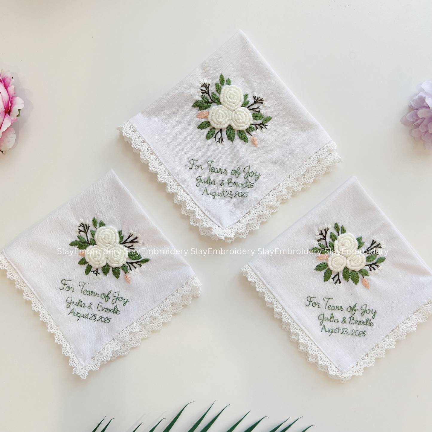 White Rose Garden Wedding Handkerchief, Custom Embroidered Handkerchief, Linen Handkerchiefs