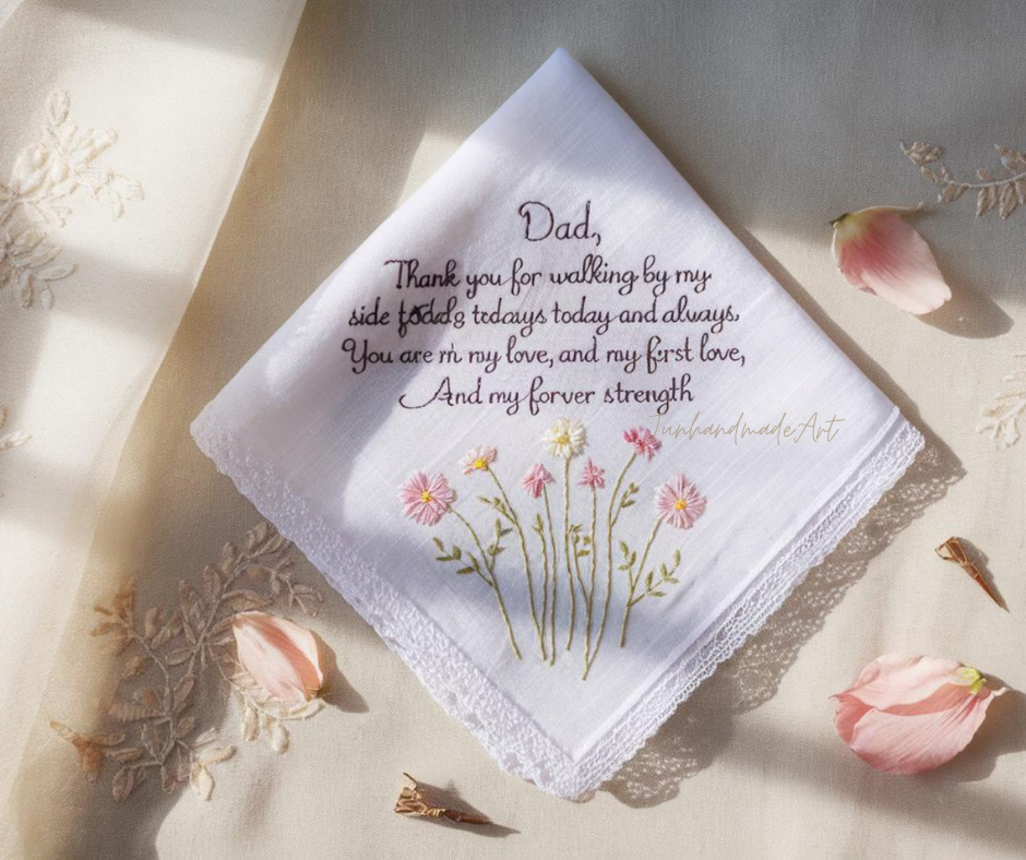 Personalized Wedding Handkerchief for Bride – Custom Embroidered Linen Hankie with Name, Date, or Quote – Bride Gift, Handmade Wedding Gift
