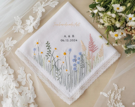 Embroidered Wedding Handkerchief – Custom Floral Hankie for Bride, Bridal Gift, Personalized with Name & Date, Gift for Bride