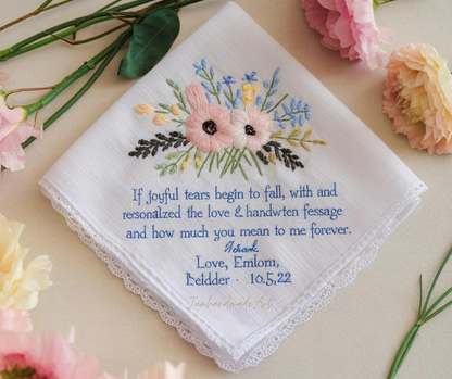 Personalized Wedding Handkerchief for Bride – Custom Embroidered Linen Hankie with Name, Date, or Quote – Bride Gift, Handmade Wedding Gift