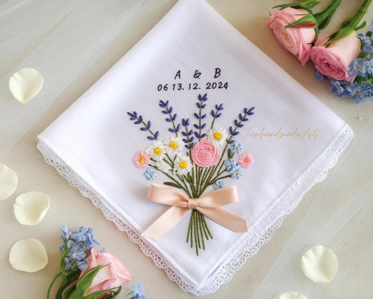 Embroidered Wedding Handkerchief – Custom Floral Hankie for Bride, Bridal Gift, Personalized with Name & Date, Gift for Bride