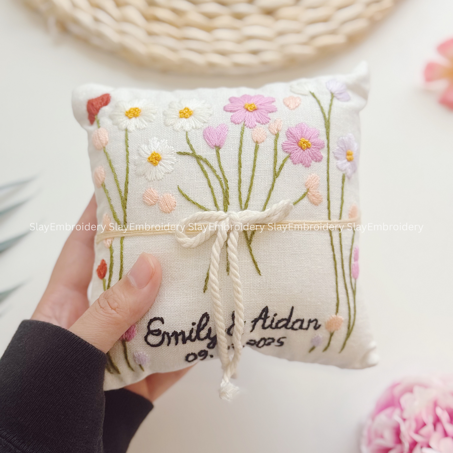 Custom Pink Blossoms Ring Bearer Pillow Linen Wedding Cushion Hand Embroidery Ring Holder Floral Ring Pillow Wedding Gift