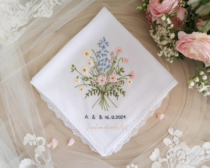 Embroidered Wedding Handkerchief – Custom Floral Hankie for Bride, Bridal Gift, Personalized with Name & Date, Gift for Bride