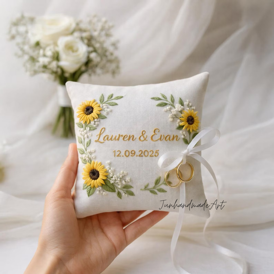 Personalized Embroidered Ring Bearer Pillow, Custom Linen Wedding Cushion, Hand Embroidery Ring Holder, Floral Ring Pillow, Wedding Gift