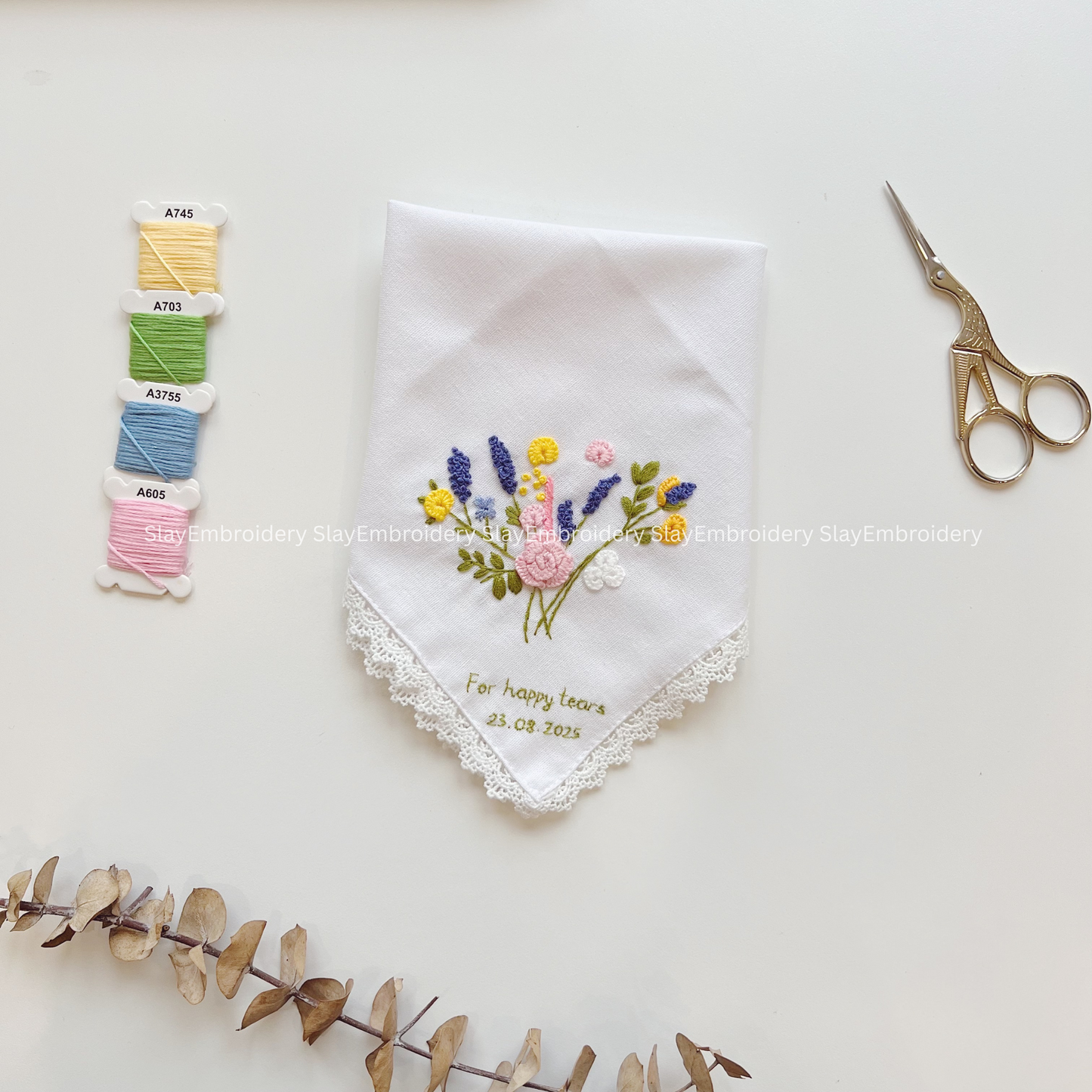 Wild Blooming Wedding Handkerchief, Custom Embroidered Handkerchief, Linen Handkerchiefs