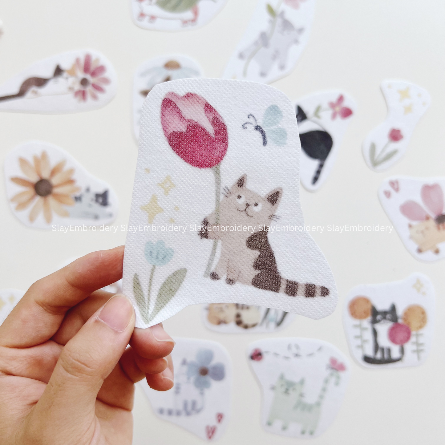 Cat & Flower Embroidery Pattern For Beginner Easy To Use Stick and Stitch