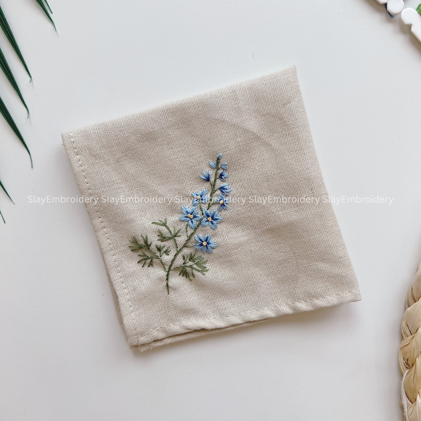 Forget Me Not Flowers Embroidery Handkerchief, Custom Embroidered Handkerchief