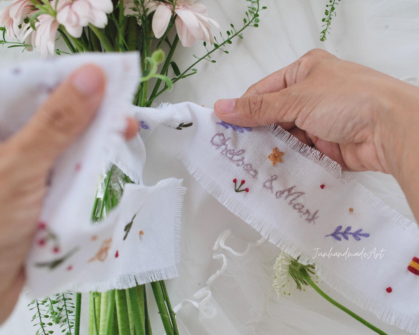 Personalized Embroidered Wedding Ribbon – Custom Linen Tie for Bouquet or Hair, Hand-stitched with Names & Date, Bridal Keepsake Gift