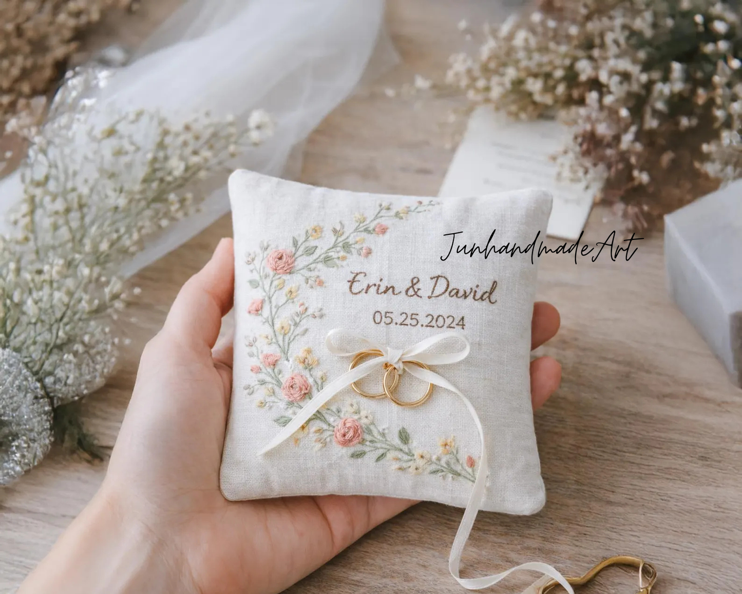 Romantic Valentine Gift – Hand-Embroidered Ring Pillow with Personalized Names and Wedding Date, Wedding Ring Pillow