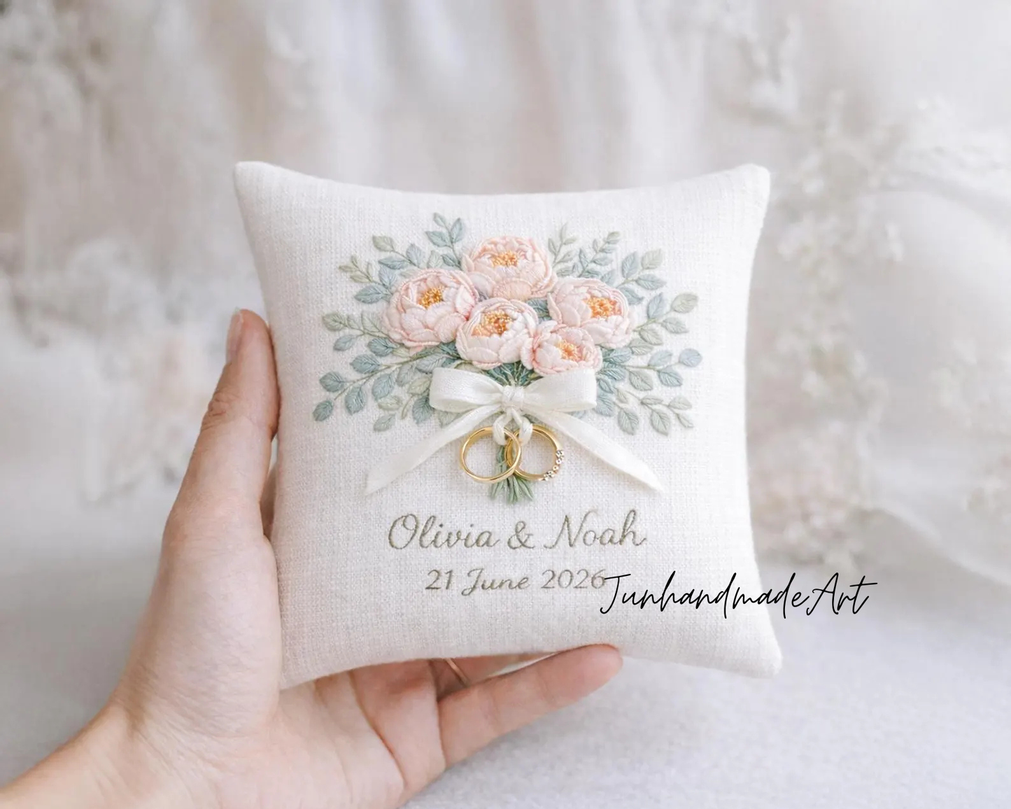 Custom Embroidered Ring Bearer Pillow, Personalized Floral Wedding Ring Cushion, Handmade Linen Pillow, Romantic Wedding Keepsake