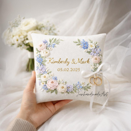Personalized Embroidered Ring Bearer Pillow, Custom Linen Wedding Cushion, Hand Embroidery Ring Holder, Floral Ring Pillow, Wedding Gift