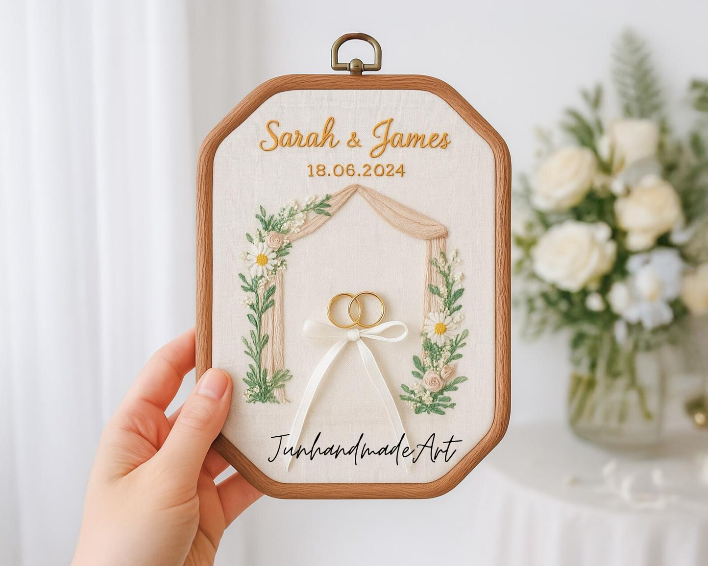 Custom Wedding Embroidery Hoop with Flowers and Names – Personalized Hand Embroidered Wildflowers Gift for Couple, Wedding Gift