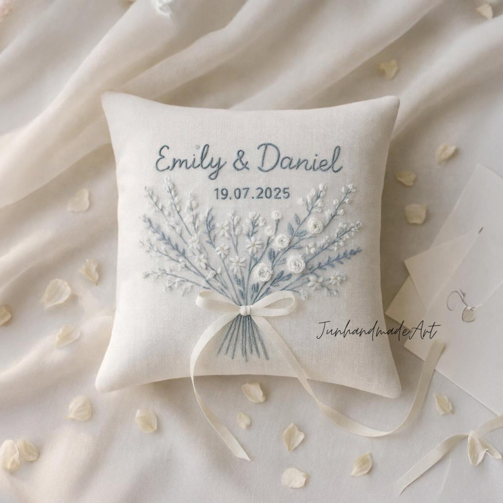 Personalized Embroidered Ring Bearer Pillow, Custom Linen Wedding Cushion, Hand Embroidery Ring Holder, Floral Ring Pillow, Wedding Gift