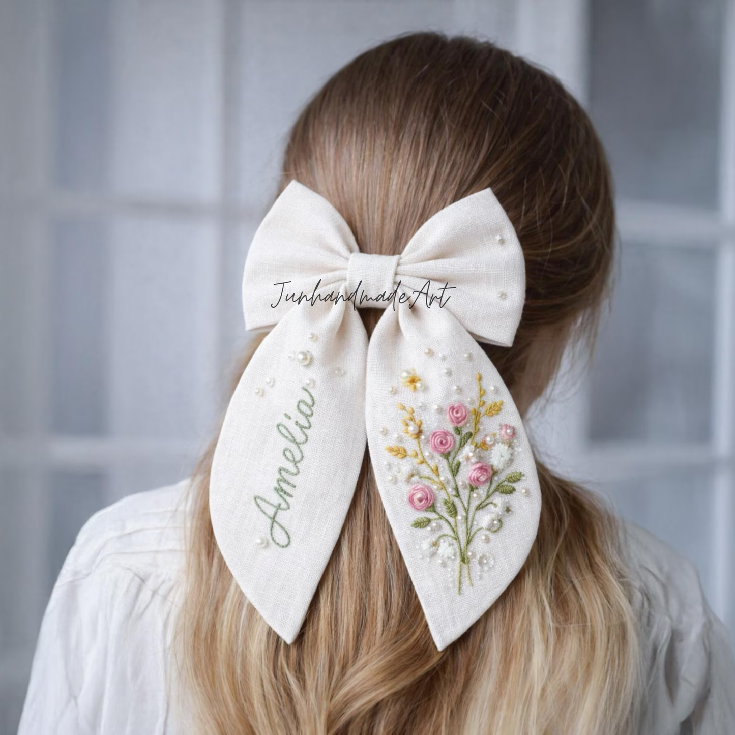 Personalized Linen Hair Bow – Hand Embroidered Flower Bow with Initial – Custom Name Text Bow for Girls, Handmade Hairpin Bow for Girl