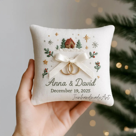 Personalized Embroidered Ring Bearer Pillow, Christmas Linen Wedding Cushion, Hand Embroidery Ring Holder Floral Ring Pillow, Christmas Gift