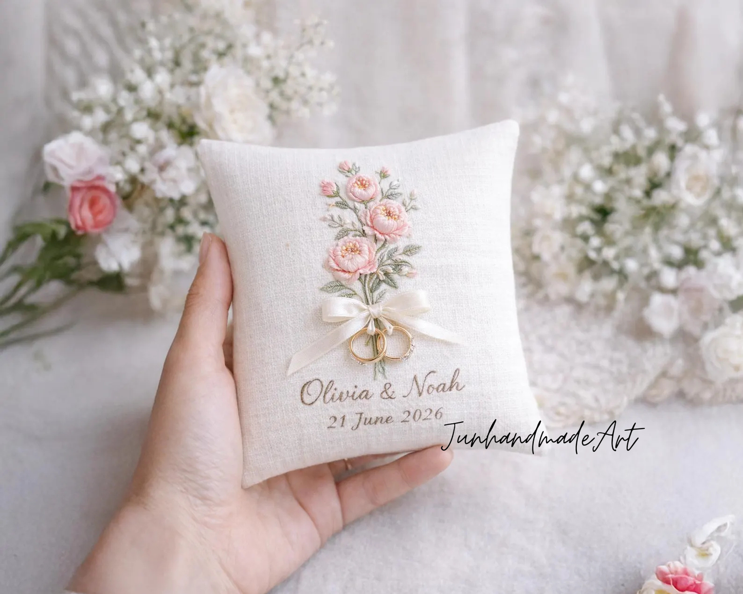 Custom Embroidered Ring Bearer Pillow, Personalized Floral Wedding Ring Cushion, Handmade Linen Pillow, Romantic Wedding Keepsake