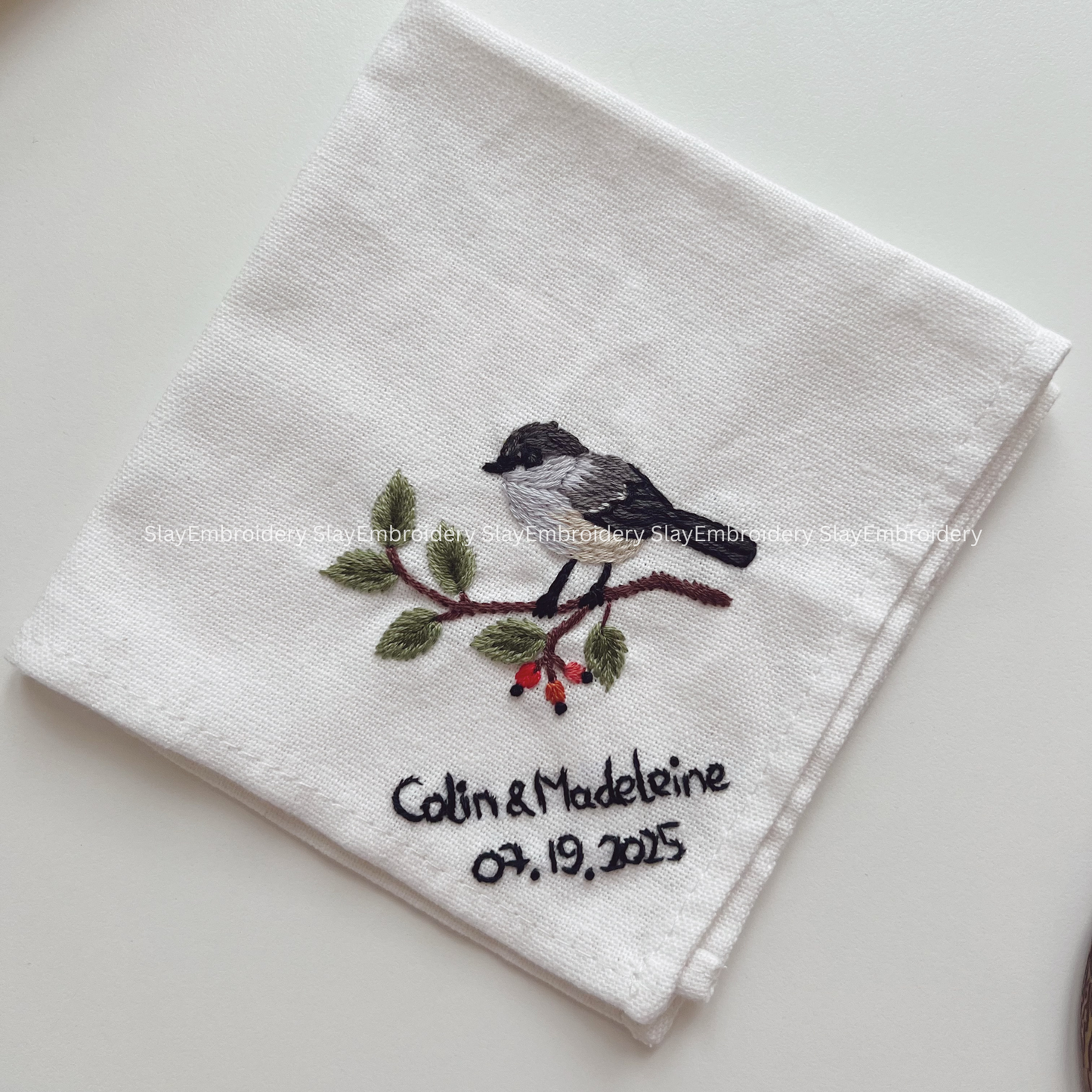 Bird’s Haven Wedding Handkerchief, Custom Embroidered Handkerchief