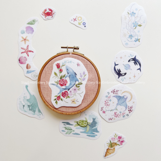 Blue Dolphin Whale Shark Ocean Animals Embroidery Pattern For Beginner Easy To Use Stick and Stitch