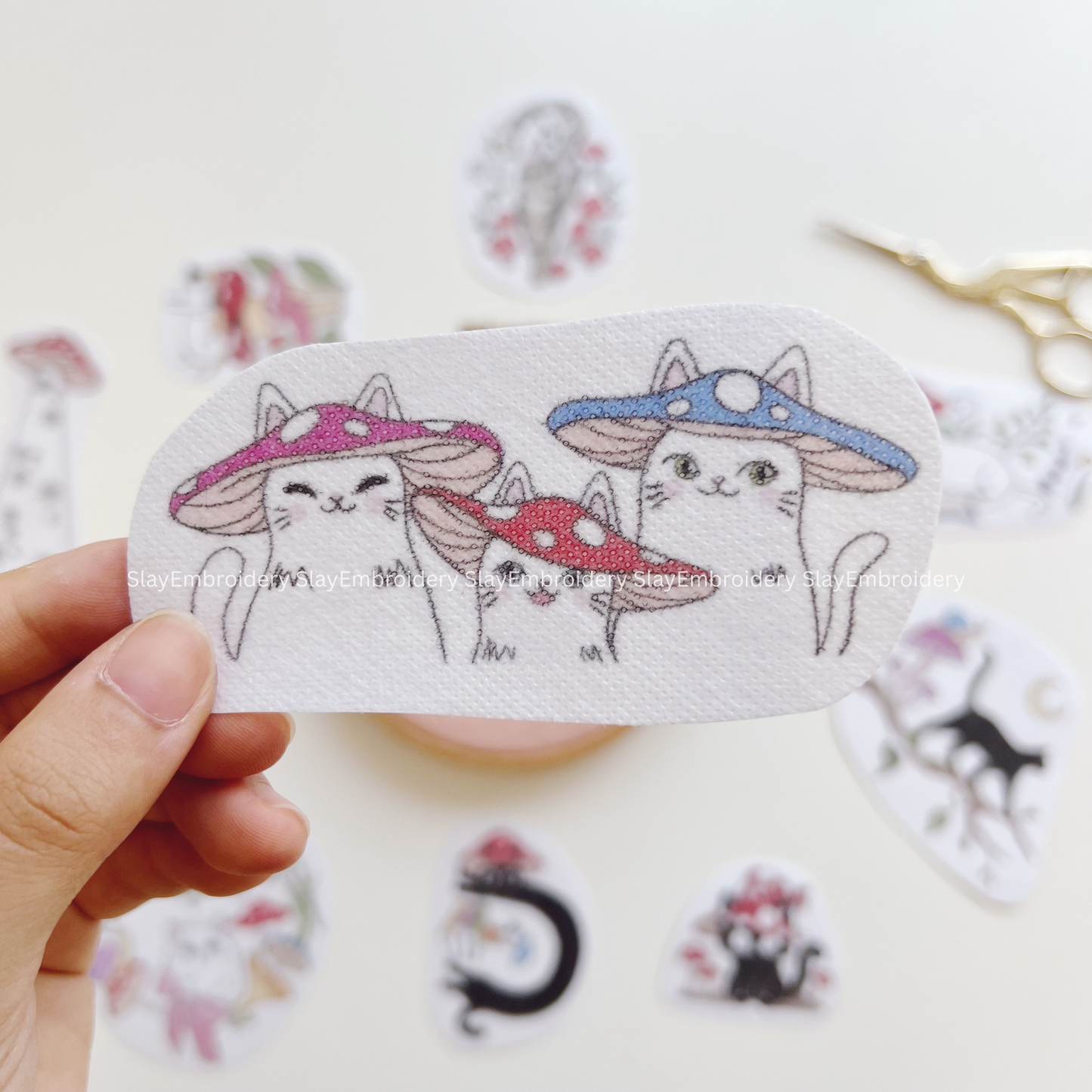 Cat & Mushroom Embroidery Pattern For Beginner Easy To Use Stick and Stitch