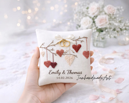 Romantic Valentine Gift – Hand-Embroidered Ring Pillow with Personalized Names and Wedding Date, Wedding Ring Pillow