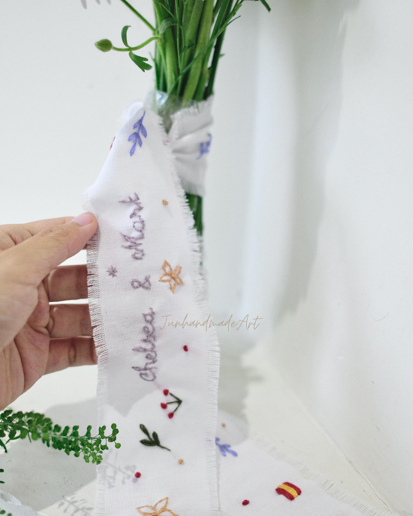 Personalized Embroidered Wedding Ribbon – Custom Linen Tie for Bouquet or Hair, Hand-stitched with Names & Date, Bridal Keepsake Gift