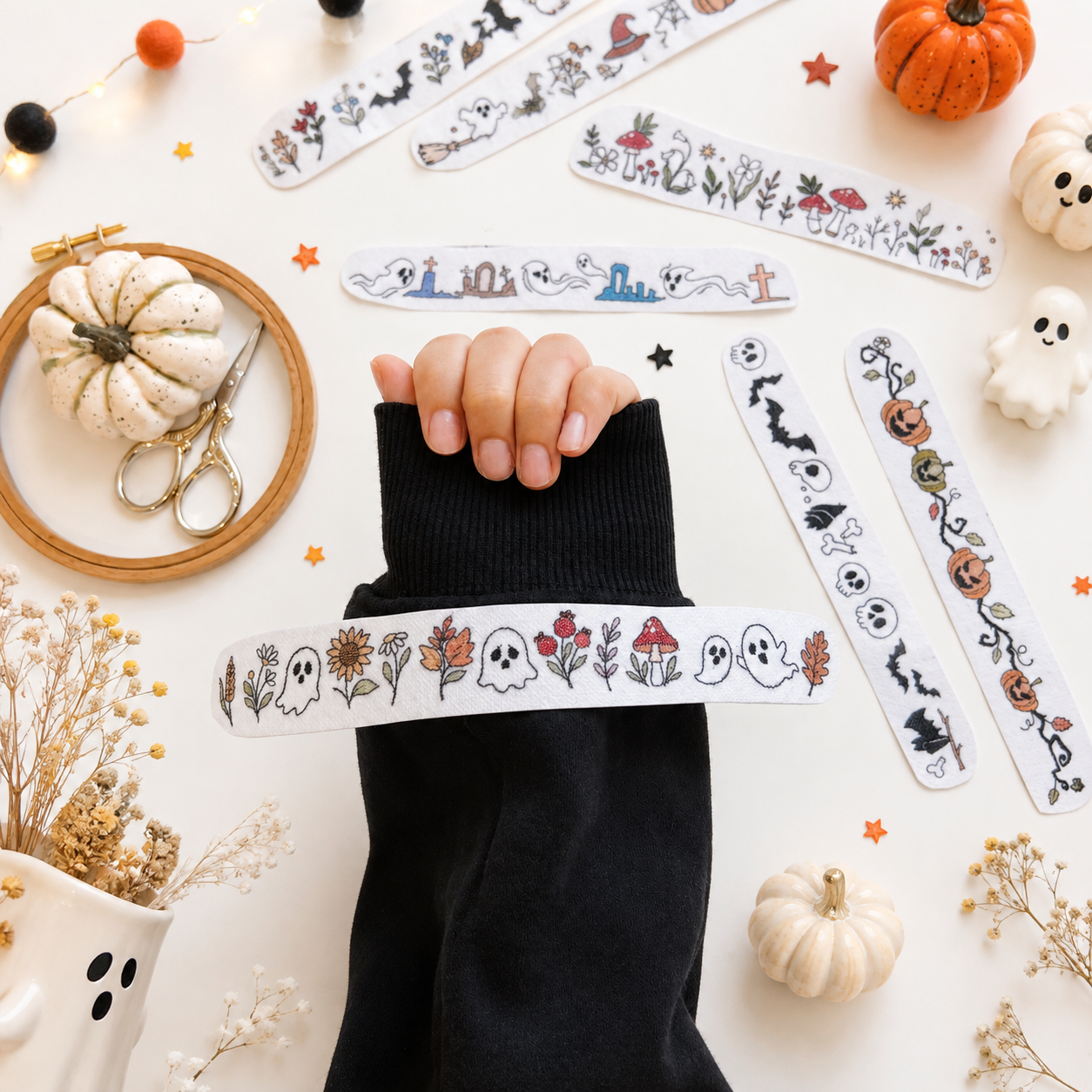 Fall Iconic Boo Flower Halloween Line Patterns For Shirt Cuff Halloween Vibe Embroidery Patterns - Stick & Stitch For Beginners