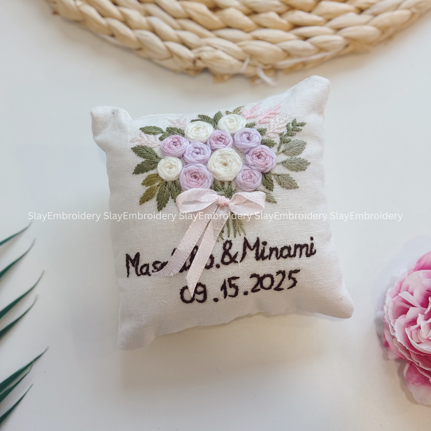 Custom Pastel Rose Bouquet Bearer Pillow Linen Wedding Cushion Hand Embroidery Ring Holder Floral Ring Pillow Wedding Gift