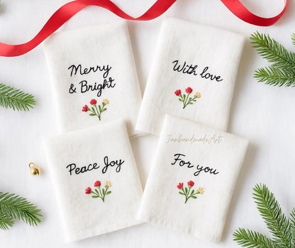 Set 4 Embroidered Linen Christmas Napkins – Christmas Bouquet Design | 100% Linen Cloth Napkins | Christmas, Custom Name, Christmas Gift