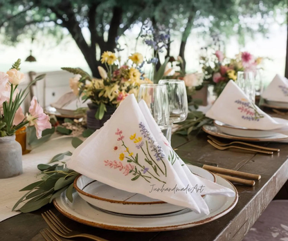 Set 10 Embroidered Linen Napkins – Wildflower Bouquet Design | 100% Linen Cloth Napkins | Wedding, Housewarming, Wedding Gift