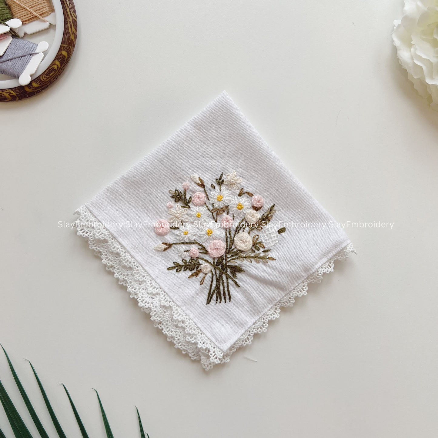 Pastel Bloom Wedding Handkerchief, Custom Embroidered Handkerchief, Linen Handkerchiefs