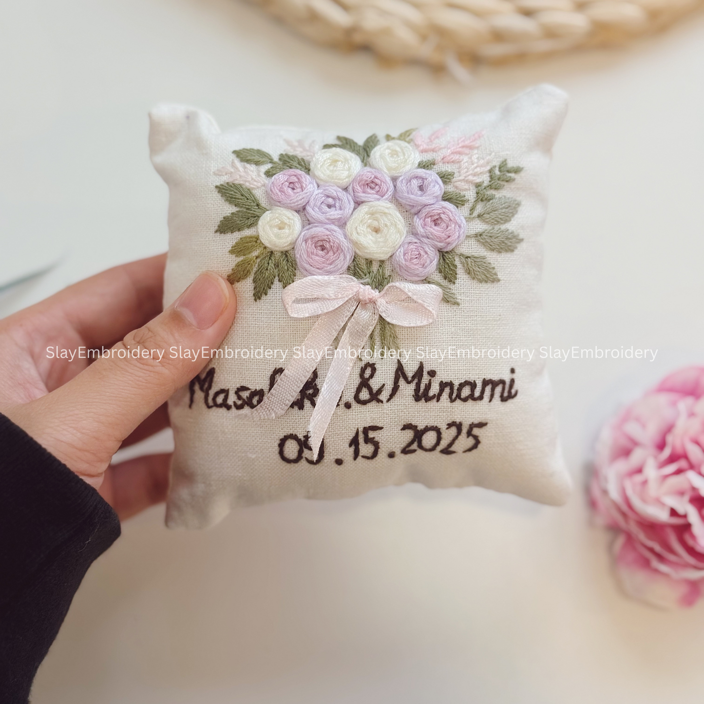 Custom Pastel Rose Bouquet Bearer Pillow Linen Wedding Cushion Hand Embroidery Ring Holder Floral Ring Pillow Wedding Gift